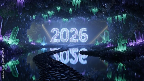 Year 2026 reflected in water among amethyst and emerald crystals