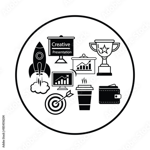 Business startup and creative presentation icon set with rocket trophy target and data charts in a circular border