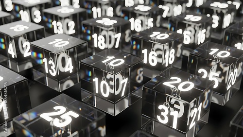 Abstract random number cubes with black and white numeric characters