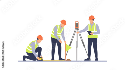 Illustration of three construction workers operating surveying equipment on a site with a white background.