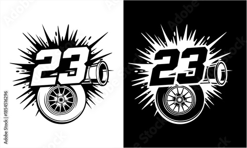 Number 23 with Turbocharger and Wheel Racing Sports Design.