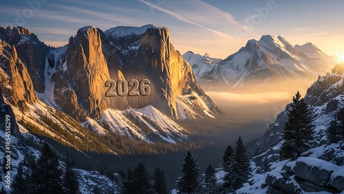 Number 2026 on mountain landscape with sunset light