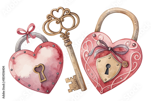 Heart Key and Lock Watercolor Icon Valentine Symbol vector illustration isolated on white background
