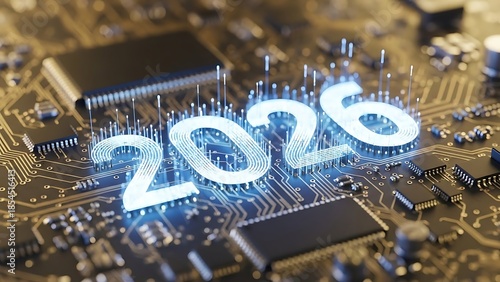 Glowing 2026 on futuristic circuit board technology background