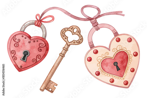 Heart Key and Lock Watercolor Icon Valentine Symbol vector illustration 