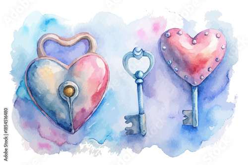 Heart Key and Lock Watercolor Icon Valentine Symbol  isolated on white background