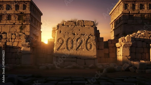 Ruins with 2026 inscription during beautiful golden hour sunset