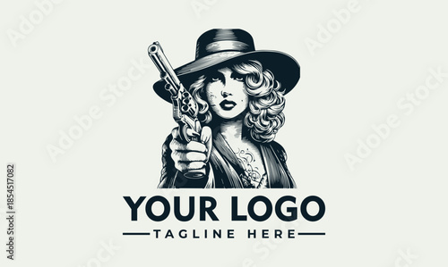 A black and white vector logo featuring a woman holding a gun wearing a hat with a placeholder for your logo and tagline on a plain background.