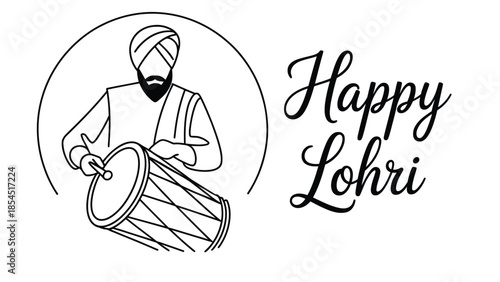 Happy lohri minimalist line art illustration of punjabi man playing dhol with elegant handwritten typography for indian harvest festival celebration design