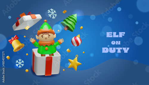 Playful 3D Christmas scene a joyful elf popping out of a festive gift box by floating holiday decorations. Cheerful banners, gift promotions, children's holiday content, seasonal marketing materials.