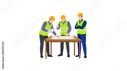 Illustration of three construction workers in safety gear discussing plans at a wooden table on a white background.