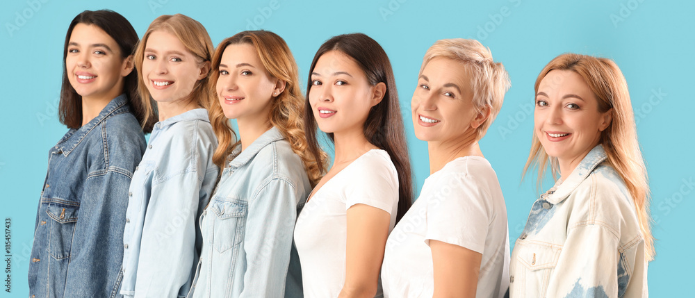 Obraz premium Beautiful women of different ages on blue background