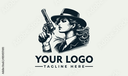 A vintage-style vector illustration of a woman in a suit and hat holding a gun with a logo and tagline space on a clean background.