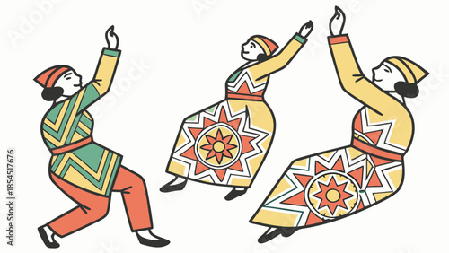 Group of women performing traditional Indonesian folk dance in colorful ethnic dresses, vector illustration.
