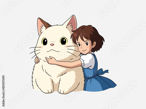 Young Girl Hugging a Cat Illustration.