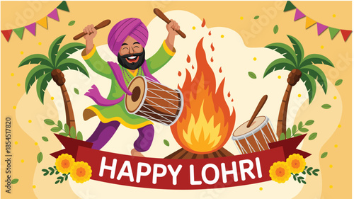 Happy lohri colorful festive illustration with dancing punjabi man playing dhol bonfire palm trees and decorative elements for indian harvest festival celebration