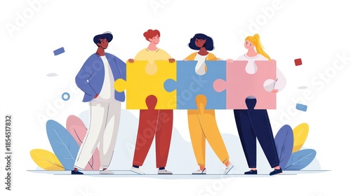 Diverse people collaborate, holding puzzle pieces, symbolizing teamwork and unity