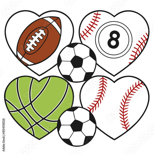 Heart Shaped Sports Balls Collection Football Soccer Basketball Baseball Billiard Illustration