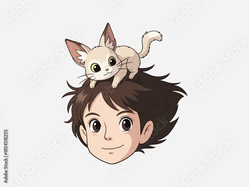 Young boy with cat on head illustration.
