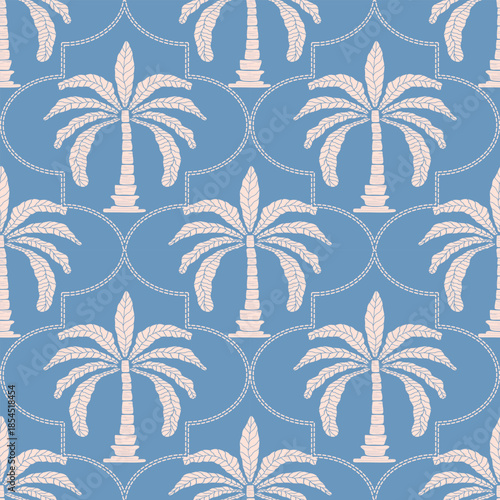 Seamless tropical palm tree pattern in soft blue tones. Perfect for summer fabric, wallpaper, packaging, beach branding, and resort-themed designs.