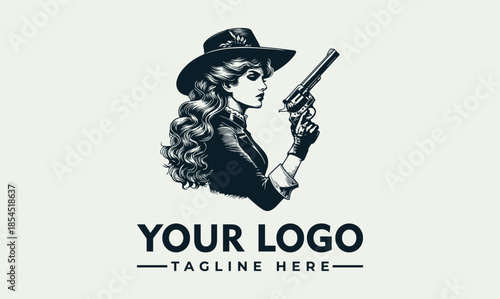 Vector logo design featuring a woman wearing a hat holding a gun with a customizable tagline on a plain background.