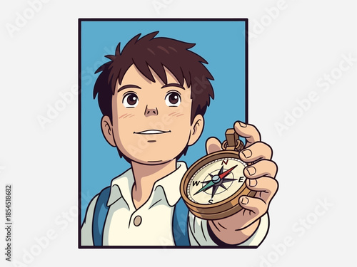 Young Man Holding Compass in Hand.