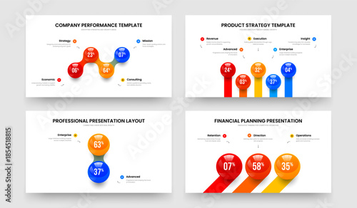 Visual Portfolio 4 5 2 3 Option Graph Slide Design Bundle. Elegant Strategy Four Five Two Three Element Chart Presentation Layout Vector Illustration Set.