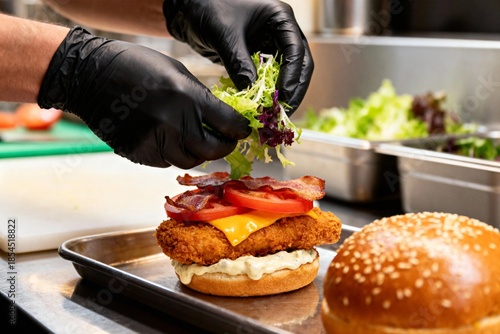 Food Preparation Process of Crispy Chicken Burger in Restaurant Kitchen