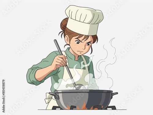 Female Chef Cooking on Stovetop with Wok.