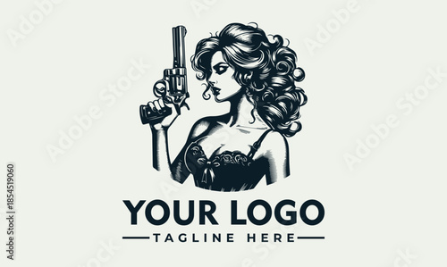 A woman holding a gun with a logo and tagline on a light green background in a vector graphic design.