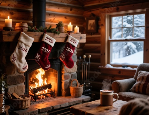 Cozy Winter Cabin with Festive Stockings by Fireplace