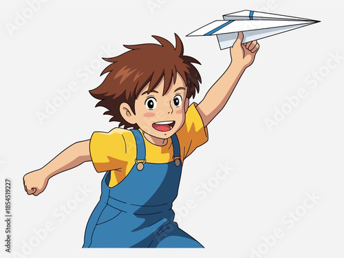 Young Boy Playing with Paper Airplane.