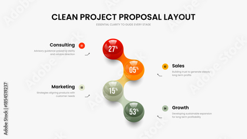 Market Development 4 Option Diagram Slideshow Template. Elegant Campaign Four Element Graph Slide Layout. Clean Briefing Presentation Design Vector Illustration.