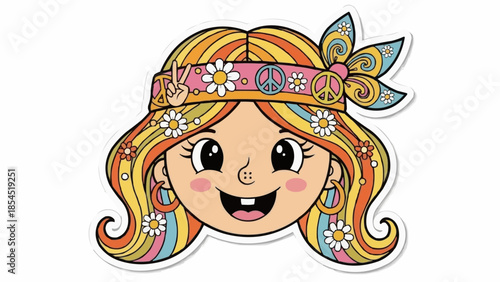 Colorful Cartoon Girl with Floral Headband.