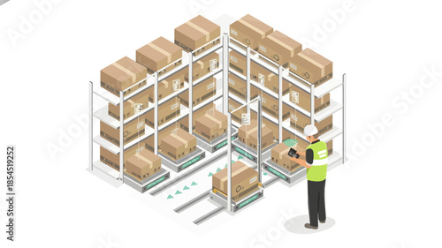 Isometric illustration of a warehouse worker operating a forklift in a storage facility with rows of shelved boxes