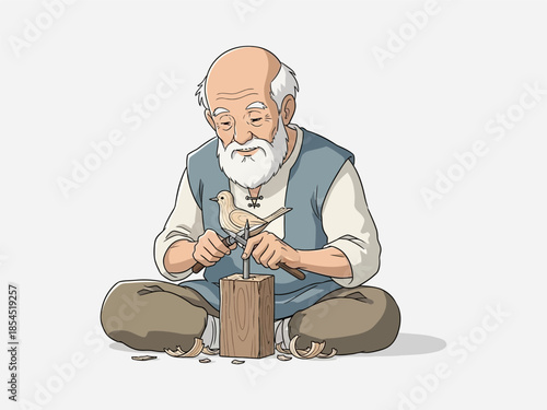 Elderly Man Repairing Wooden Bird Figurine.