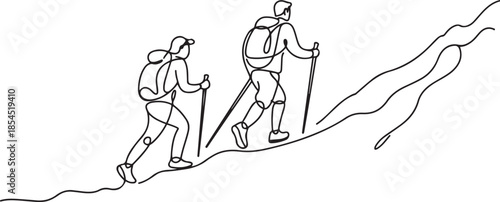  man woman with trekking poles and backpacks hiking up a mountain, adventure, one line Art icon drawing