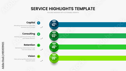 Science Plan 4 Element Diagram Slide Design. Service Portfolio Slideshow Template Vector Illustration. Elegant Profile Four Option Chart Presentation Layout.