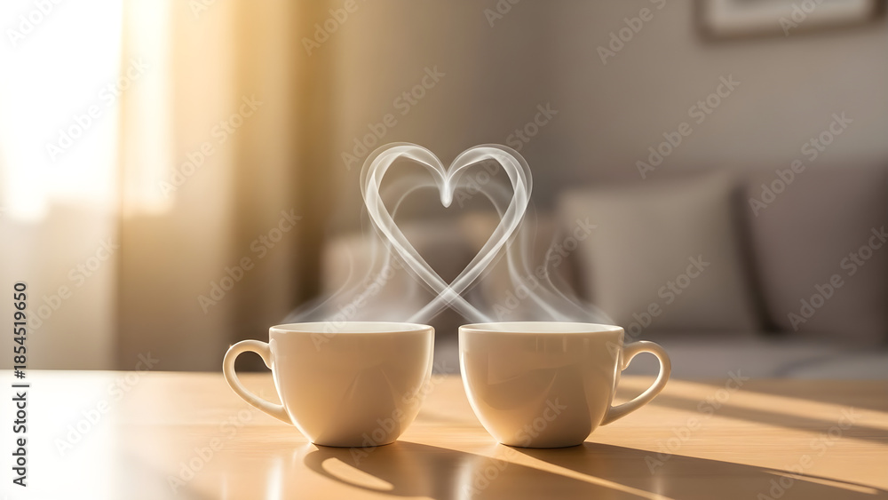 Fototapeta premium Coffee Cups Heart-Shaped Steam Cozy Valentine’s Lifestyle 