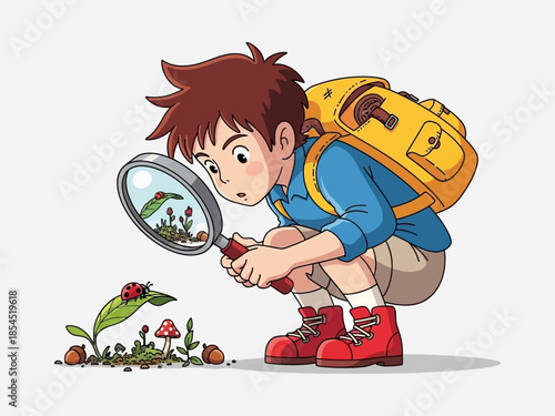 Young Explorer Examining Insects with Magnifying Glass.