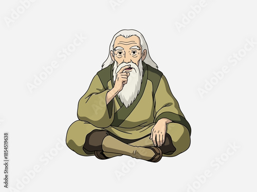 Elderly Man with Long White Beard Meditating.
