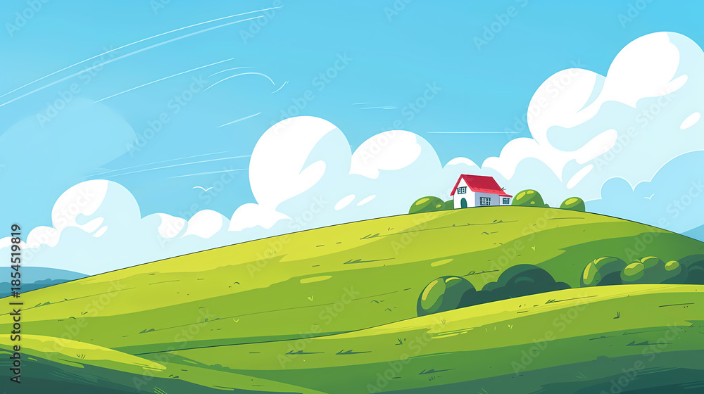 Fototapeta premium Cartoonish Hillside Landscape with a Small House