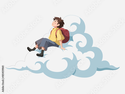 Young woman sitting on a cloud relaxed.