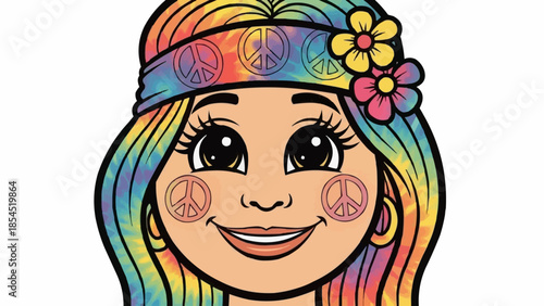 Cartoon Girl with Rainbow Hair and Flowers.