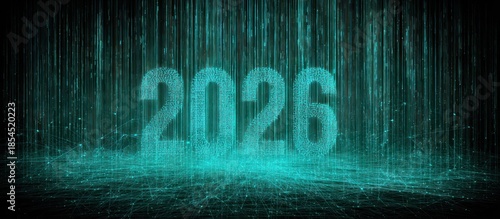 Futuristic 2026 glowing numbers in digital rain.
