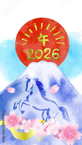 水彩手描きの富士山と桜と馬のデジタル年賀状縦アニメ