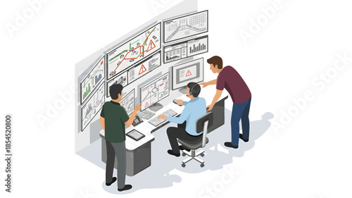 Isometric illustration of three men working together at a desk with multiple computer screens and graphs on the wall in an office setting.