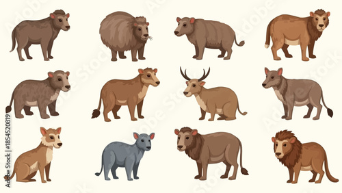Collection of Various Wild Animals Standing.