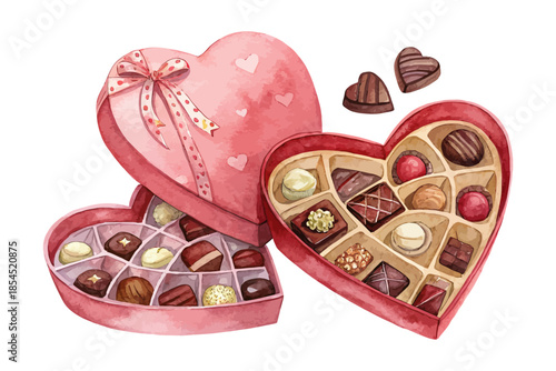 Heart Shaped Chocolate Box Watercolor vector illustration isolated on white background