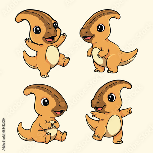Cute Baby Parasaurolophus Dinosaur Cartoon Set, Kawaii Dino Character Collection for Kids Nursery Design
